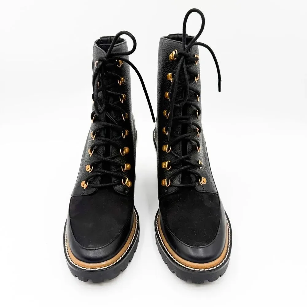 Tory Burch Miller Leather Lace Up Boots Lug Sole Black Leather Size 10